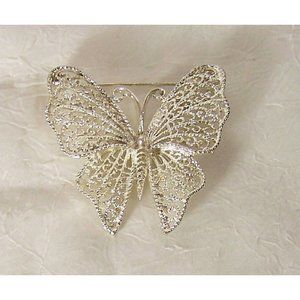 MJ ENT Filigree Curl Butterfly Silver Tone Brooch Pin Vintage Estate